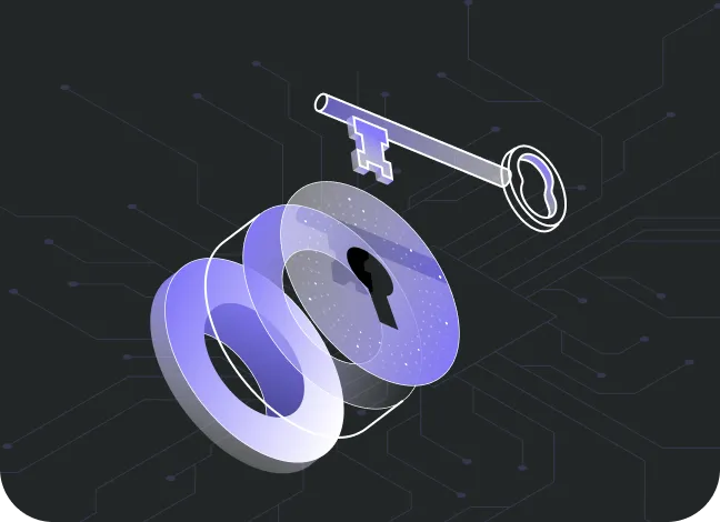 An illustration of two intertwined, stylized padlocks in shades of blue with a digital circuit pattern in the background, accompanied by a silver key floating above, implying digital security or encryption.