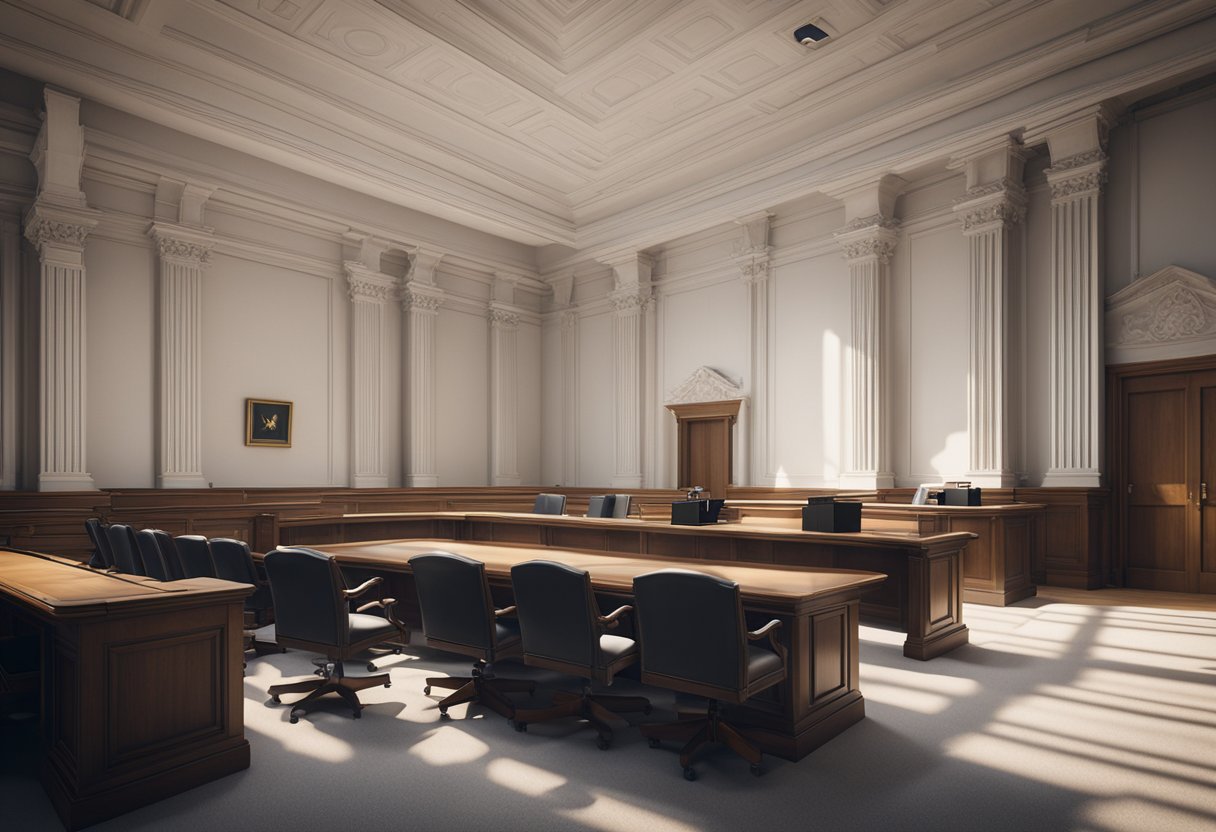 A courtroom with a judge presiding over a lawsuit involving LVNV Funding LLC. Lawyers present evidence and argue their case