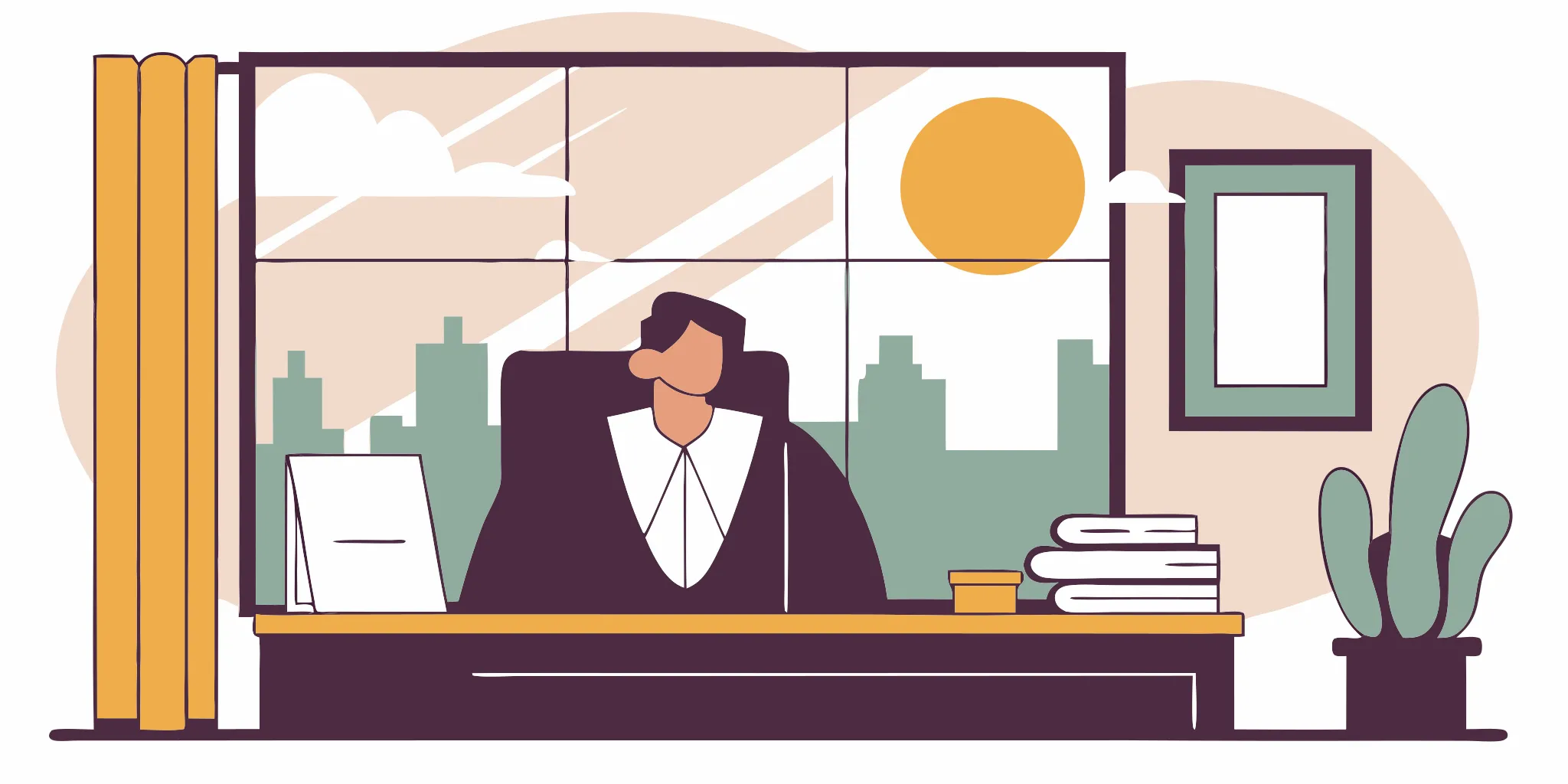 Fort Worth lawyer working in office with city view.