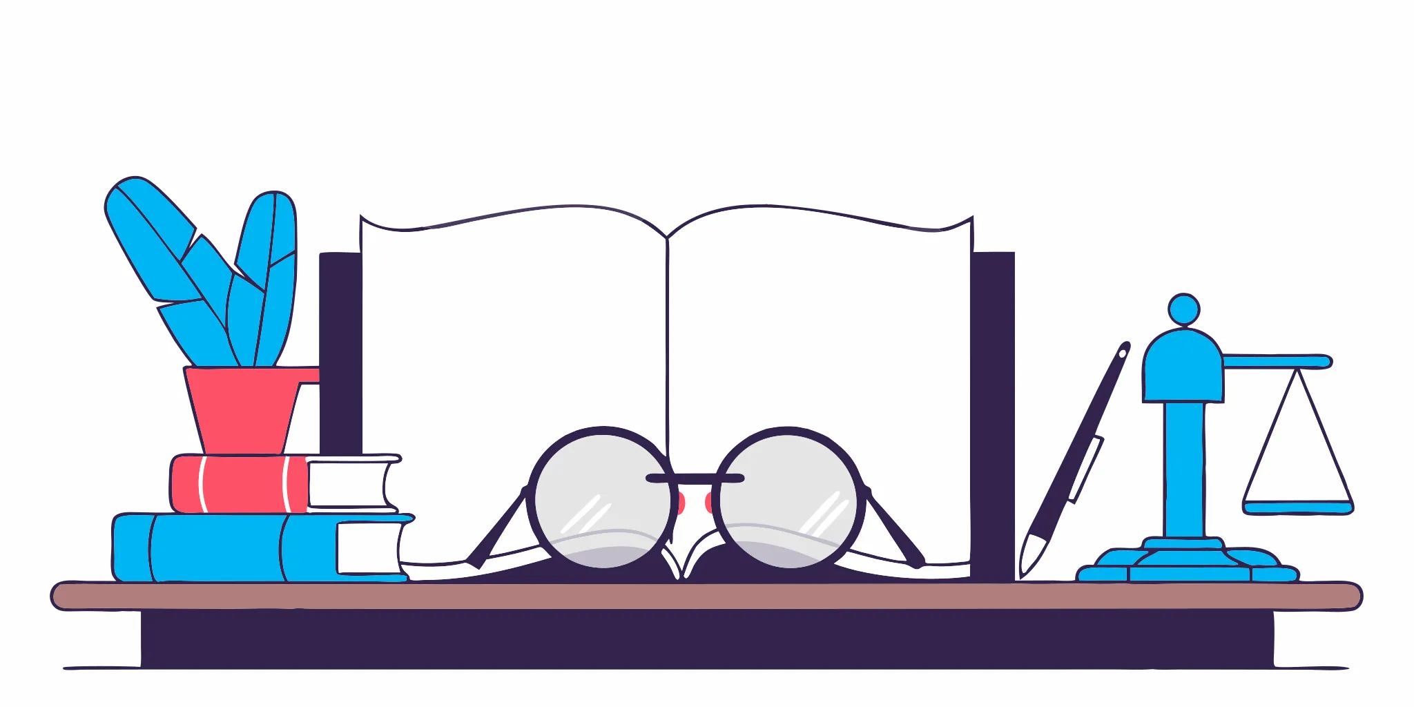 Best debt defense lawyer tools: Law books, scales of justice, eyeglasses, and pen.