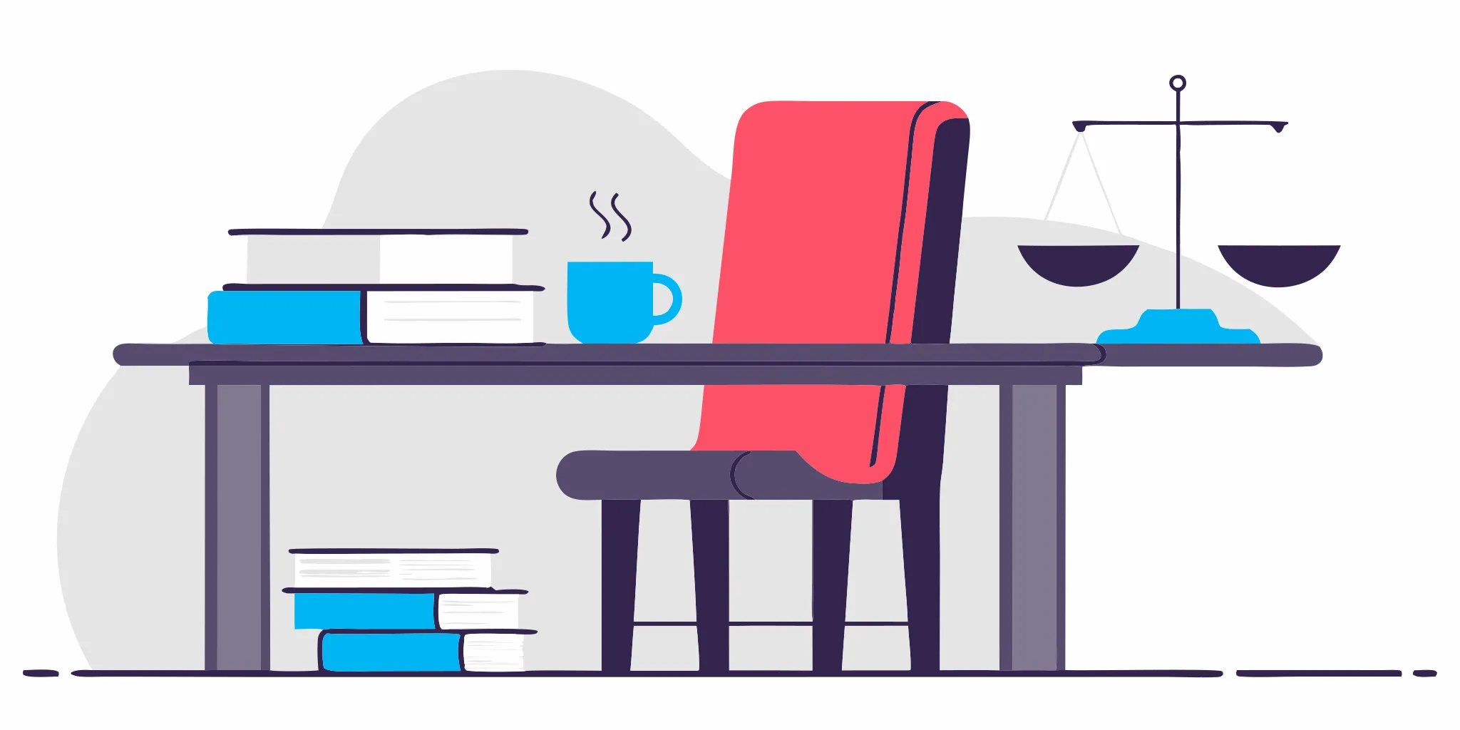 Scales of justice, law books, and coffee cup on a desk.