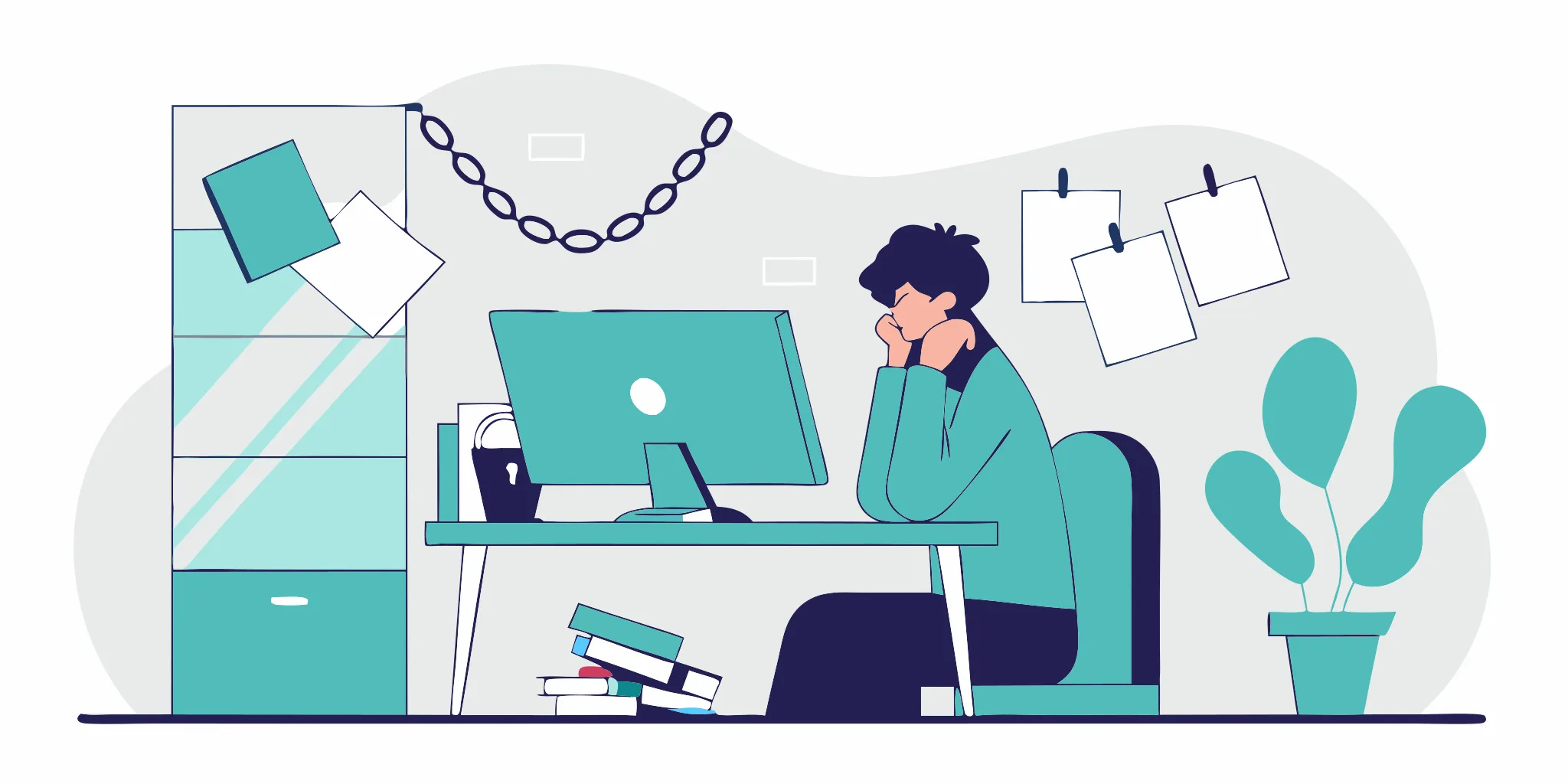 Person reviewing documents at a desk, researching lawsuits.