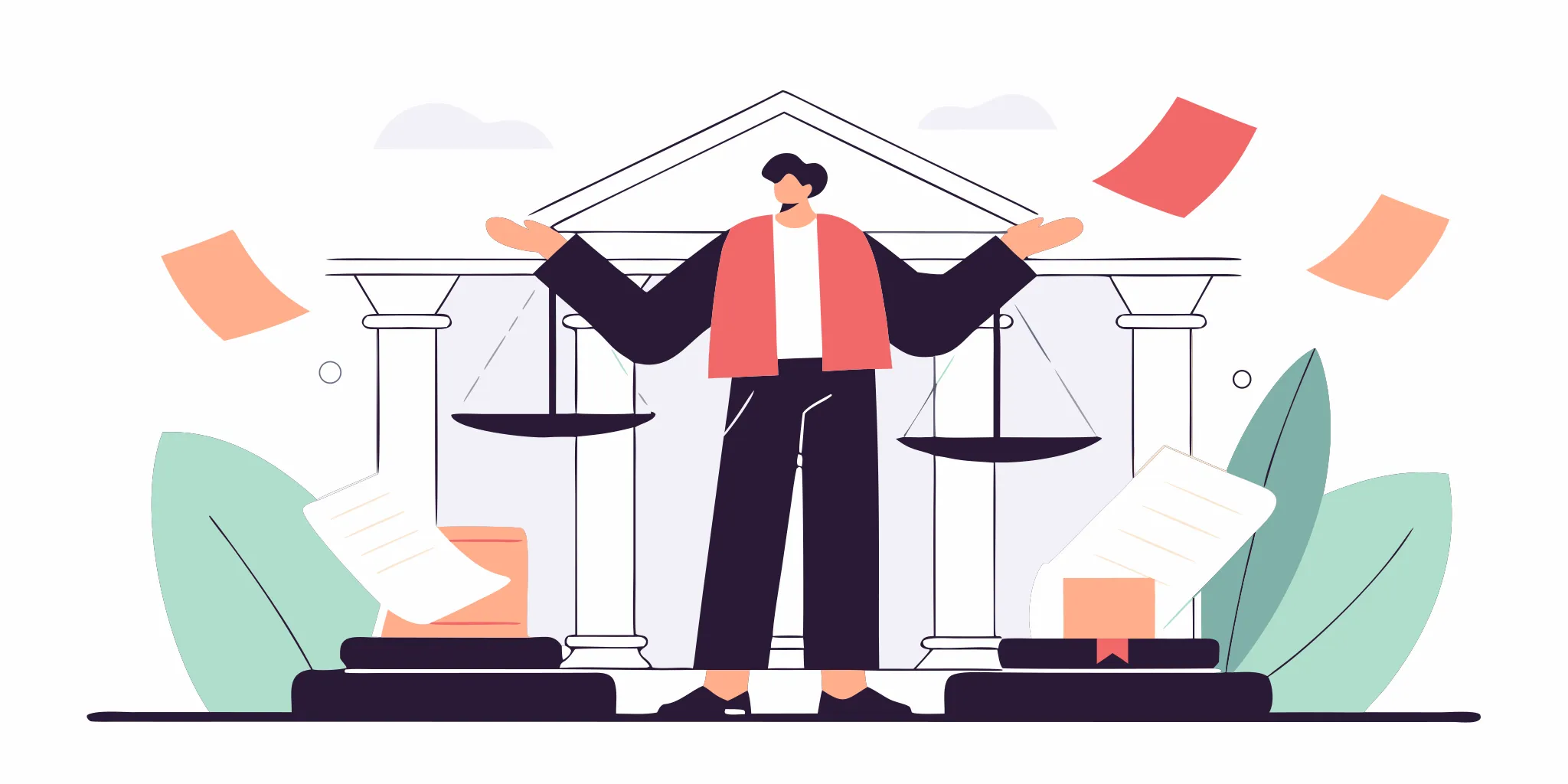 A person with documents for disputing debt in front of a courthouse.