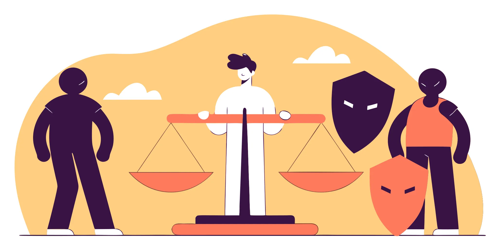 Shields and scales of justice used as a defense in a debt collection lawsuit.