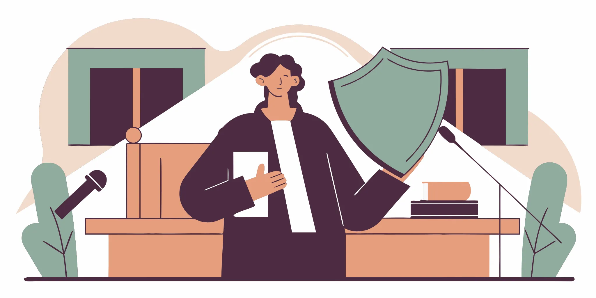 A person in a courtroom using a shield as a defense against a debt lawsuit.