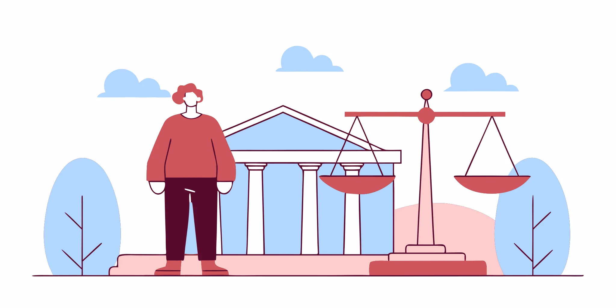 A person outside a courthouse with justice scales, learning how to get a debt lawsuit dismissed.