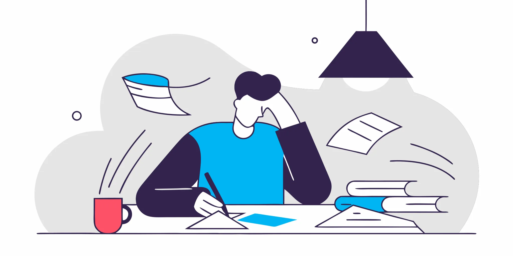 A stressed person at a desk covered in legal papers from a Discover lawsuit.