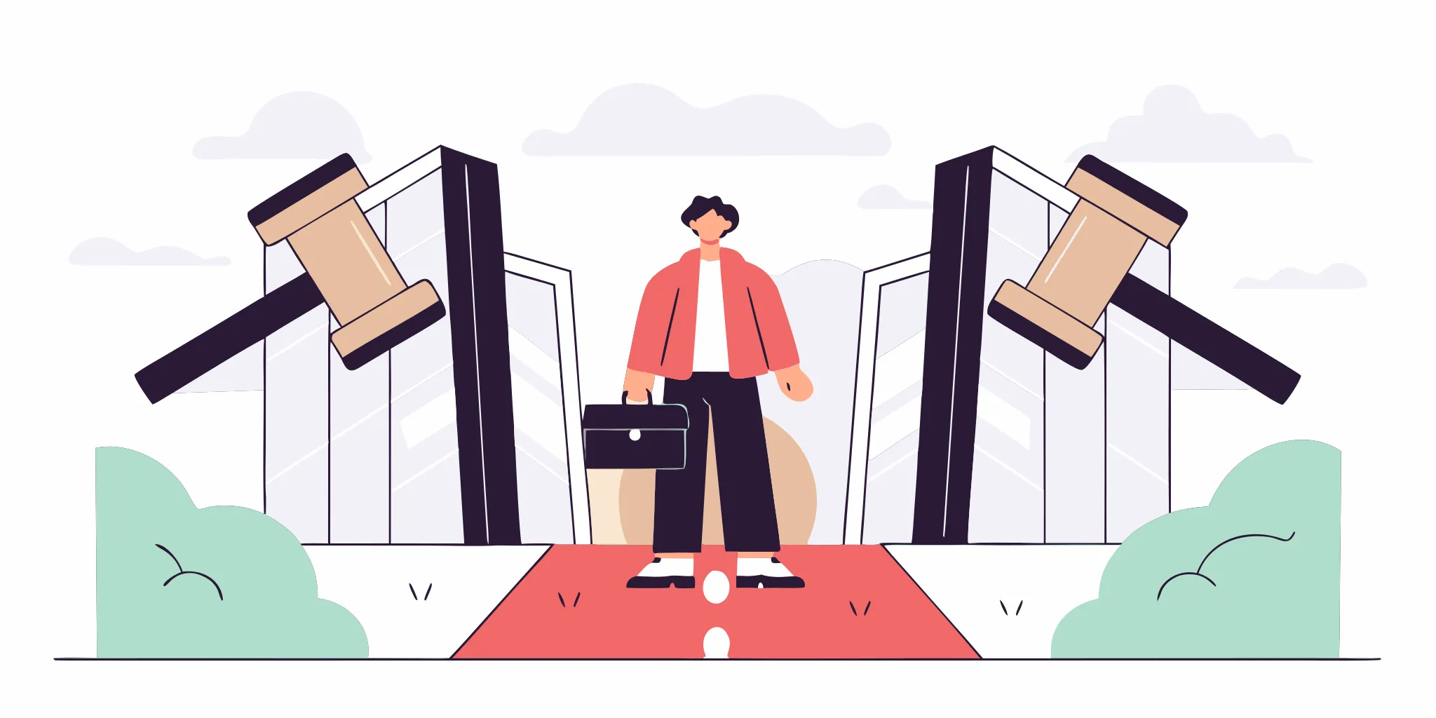 Person with a briefcase at courthouse gates with gavels, ready to respond to a debt collection lawsuit.