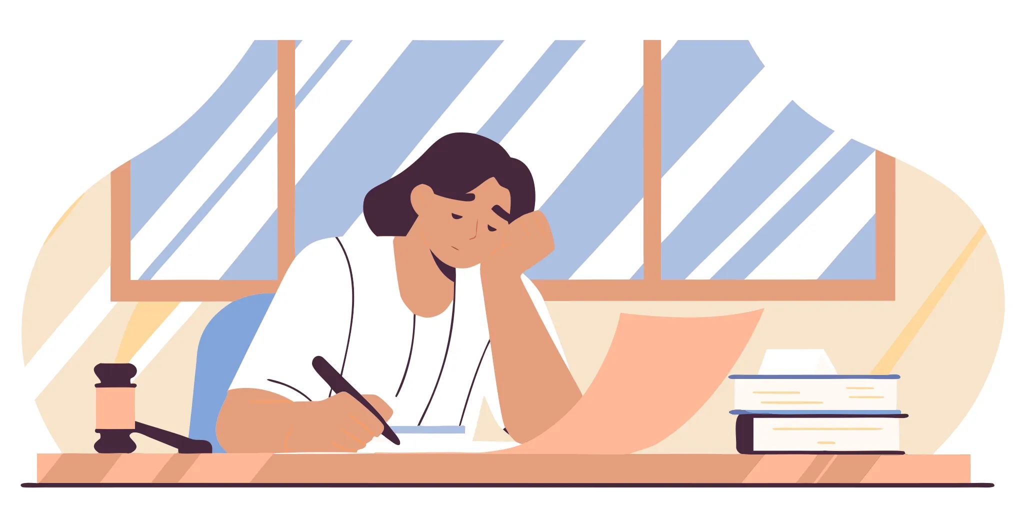 Worried woman at a desk with legal papers and a gavel after being sued by a credit card company.