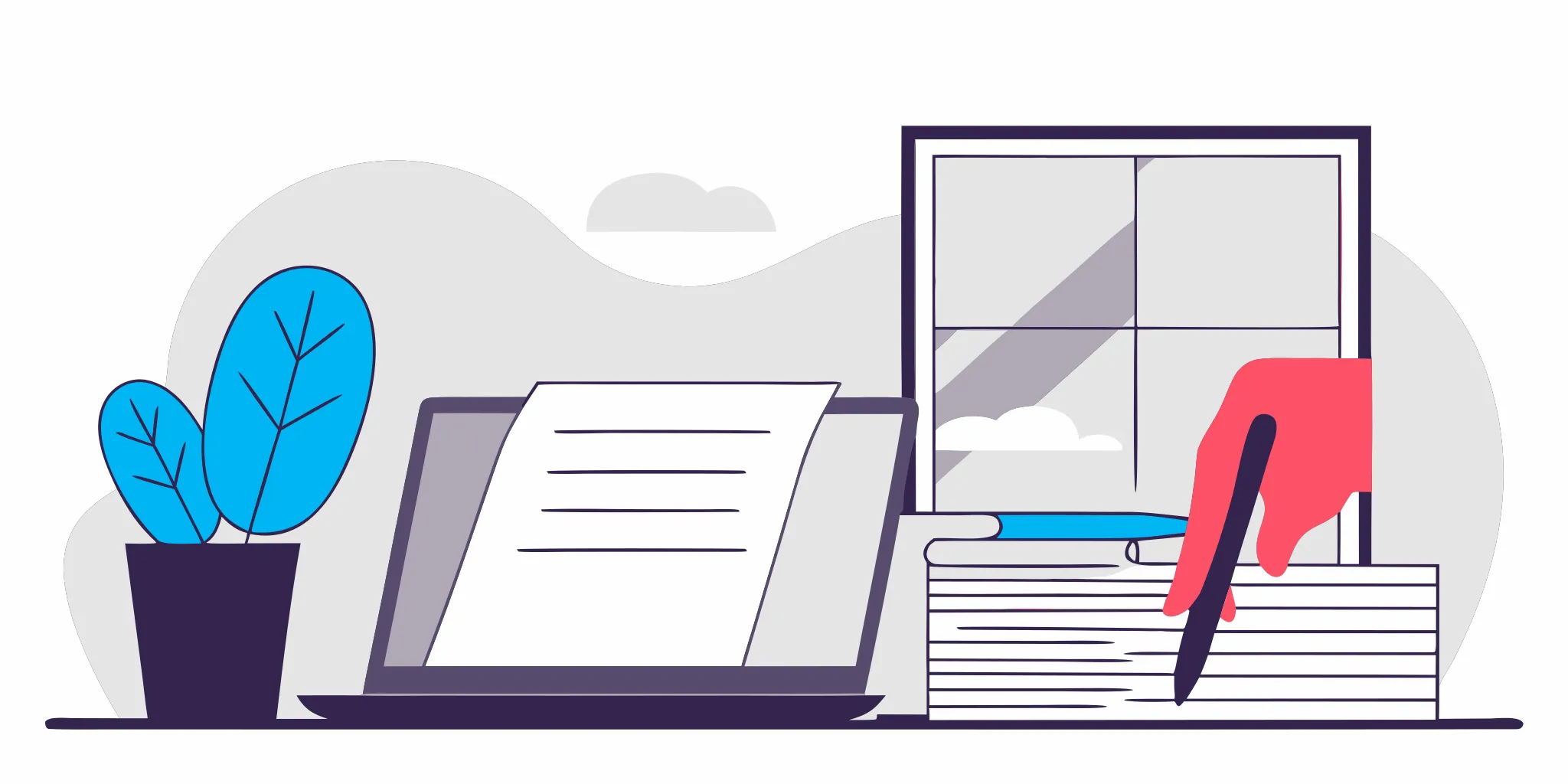 A person writing a debt lawsuit settlement letter with paperwork and a laptop.