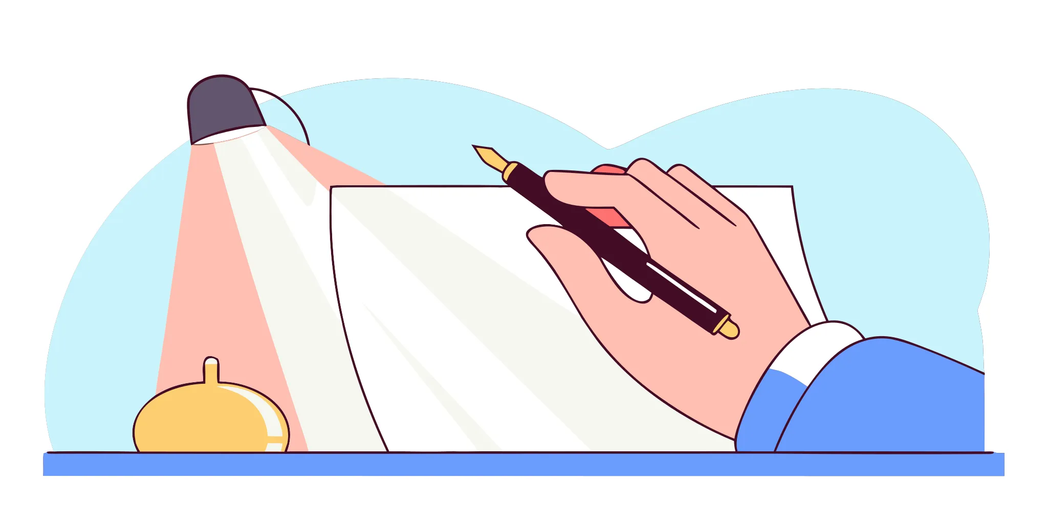 A person writing an example of a written answer to a summons.