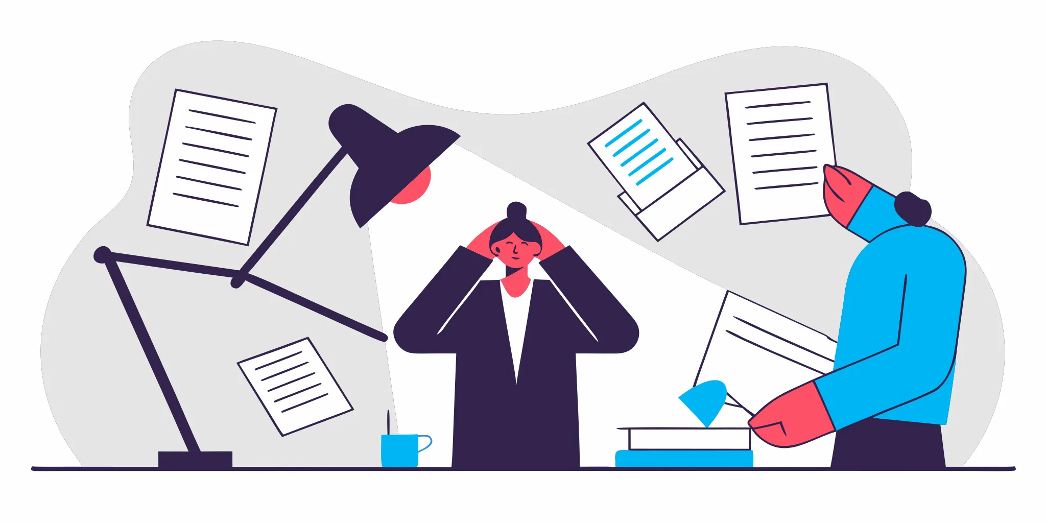 A person overwhelmed by legal papers from a Discover Card lawsuit.