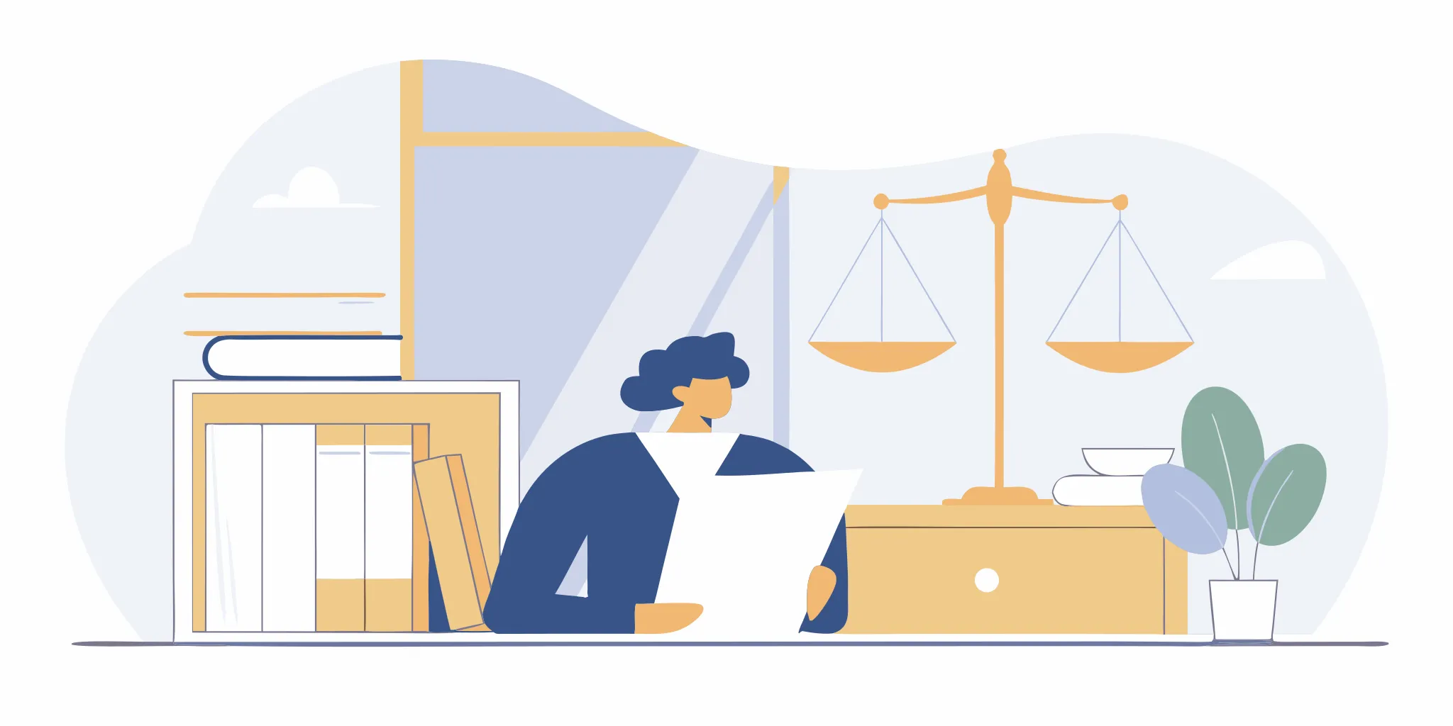 A debt collection attorney reviews a lawsuit file at a desk with law books and scales of justice.