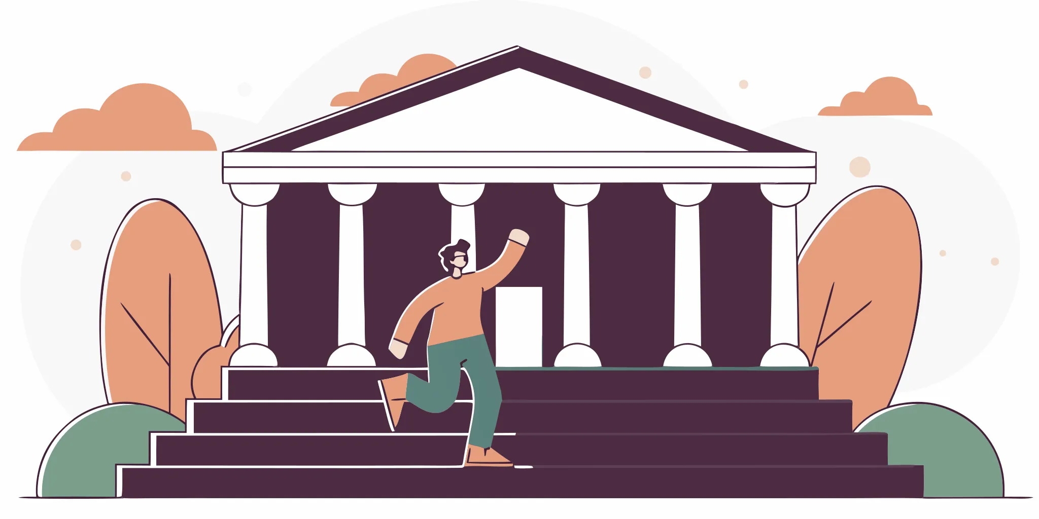 Man running up courthouse steps to win a lawsuit against a debt collector.