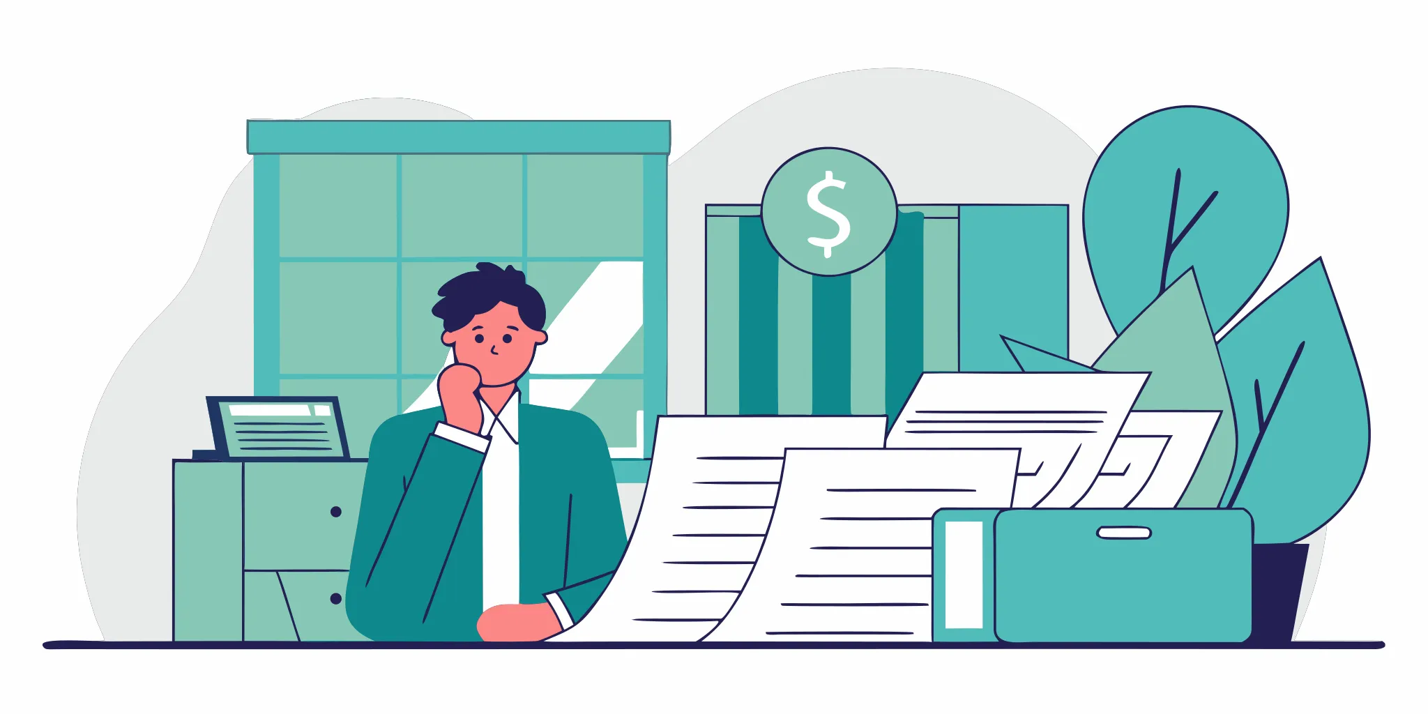 Worried man at a desk with legal papers, facing a lawsuit for credit card debt.