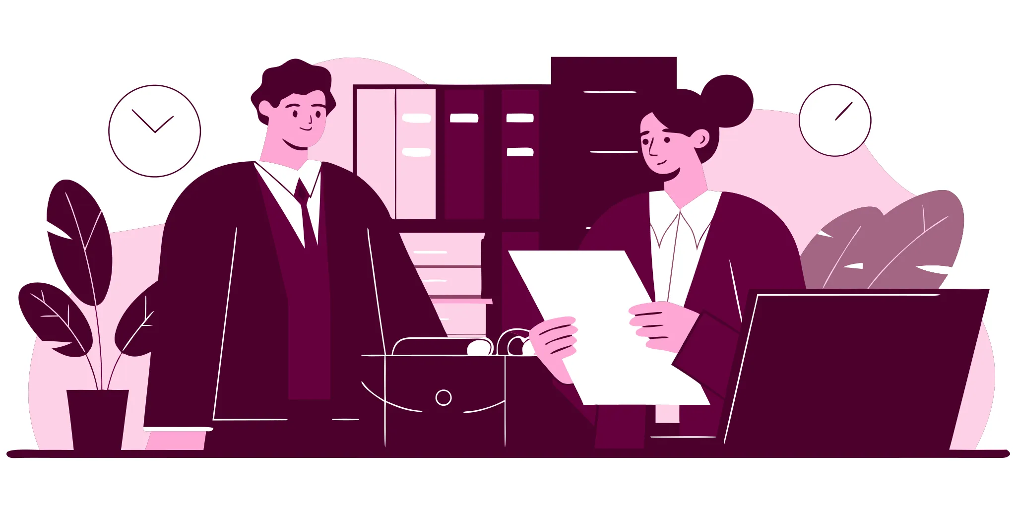 Two people review legal documents for a debt collection lawsuit settlement.