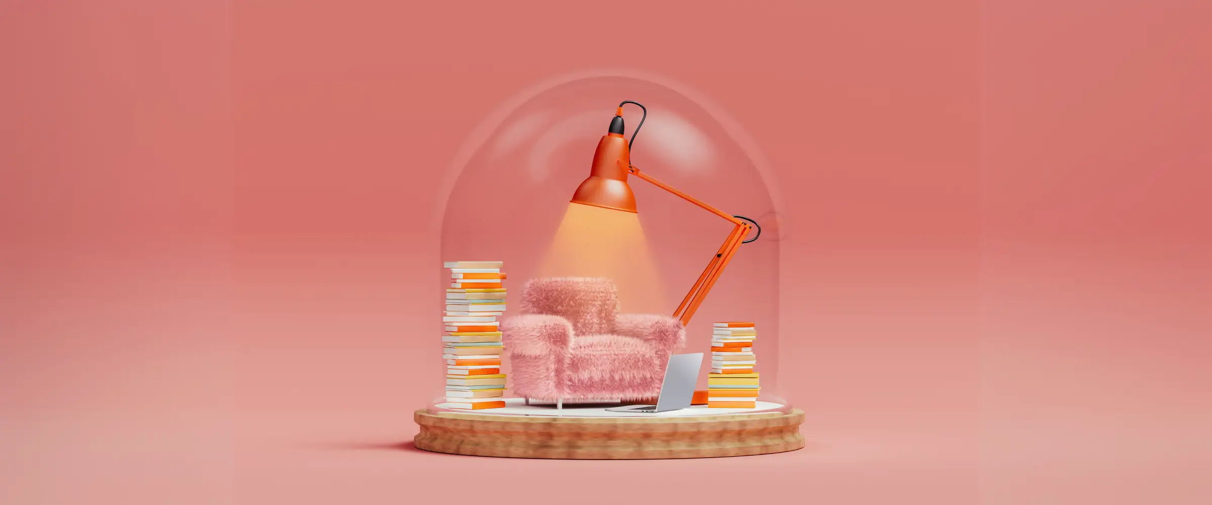 Cozy pink fuzzy armchair under an orange desk lamp, surrounded by stacks of books and an open laptop, all inside a glass dome on a wooden base.