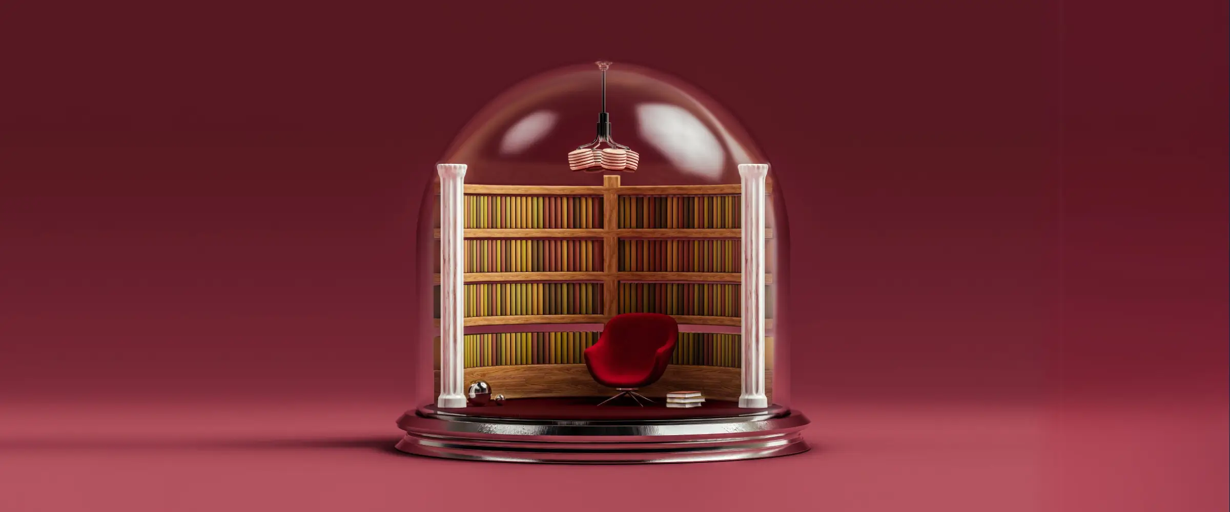 Miniature cozy library with a red chair, bookshelves, two white columns, and a hanging lamp under a glass dome.