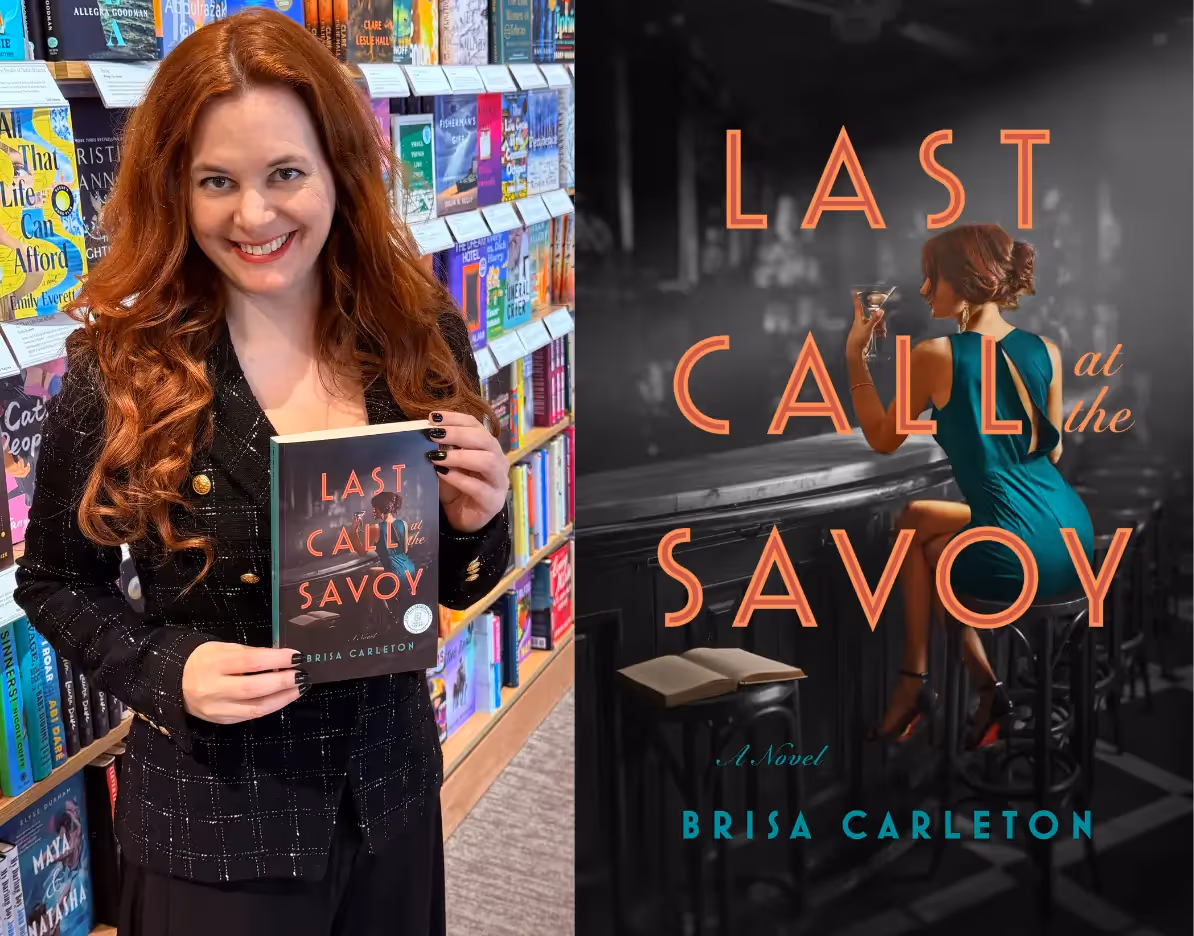 A smiling woman with long red hair holds a book titled 'Last Call at the Savoy' by Brisa Carleton in a bookstore.