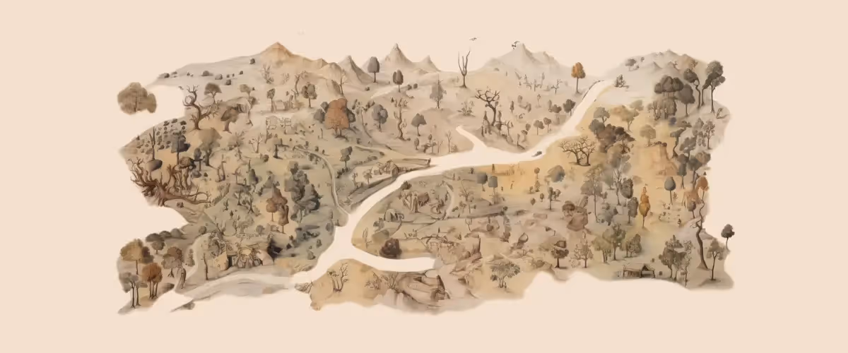 An illustrated map showing a path through lands of trees and foliage, with smaller paths branching off.