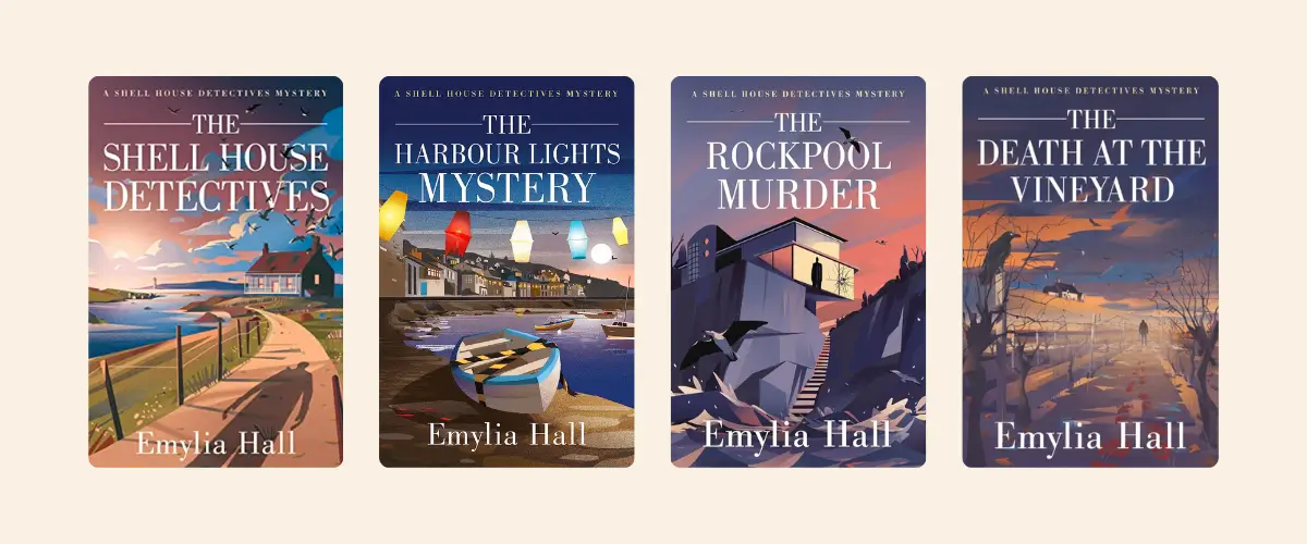 Covers of the books The Shell House Detectives, The Harbour Lights Mystery, The Rockpool Murder, and The Death at the Vineyard, all by Emylia Hall.