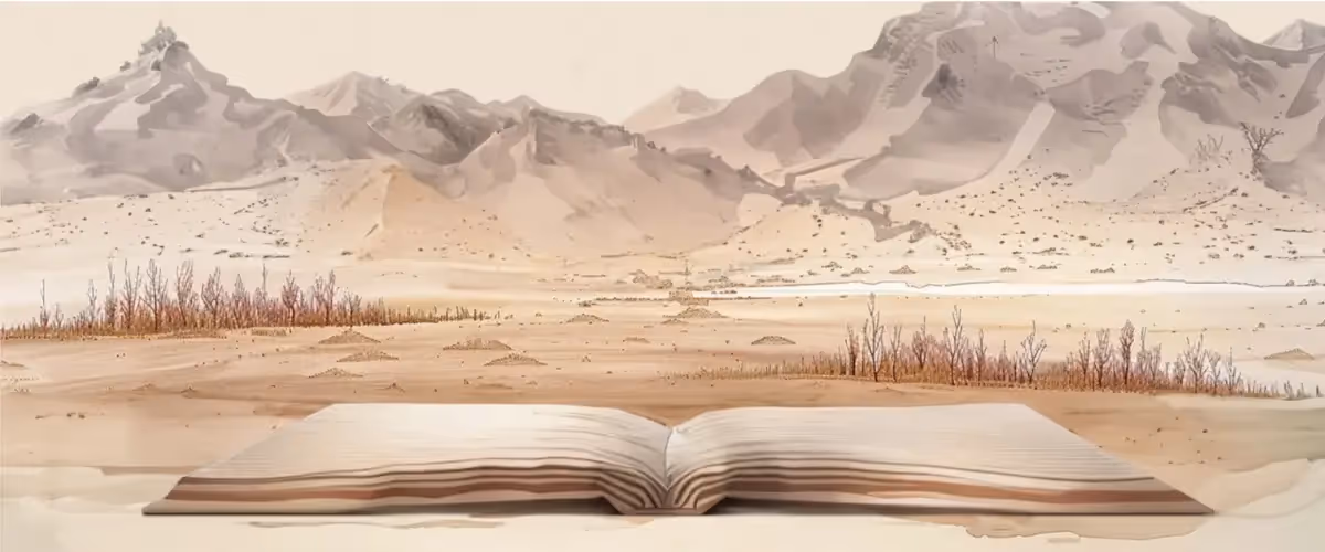 A painting-style illustration of a large book lying open and blank in front of a desert landscape, with mountains in the background.