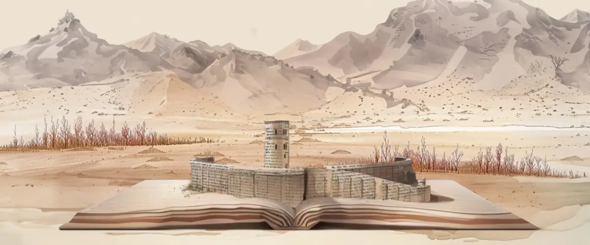 A painting-style illustration of a large book lying open and blank in front of a desert landscape, with mountains in the background as before, but this time with the foundations of a castle built of printed pages beginning to form on top of the book's pages.