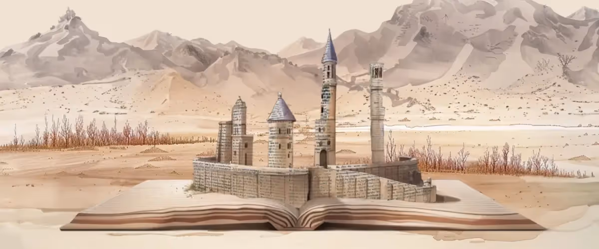 A painting-style illustration of a large book lying open in front of a desert landscape, with mountains in the background as before, with the foundations and smaller towers of a castle built of printed pages on top of the book's pages.