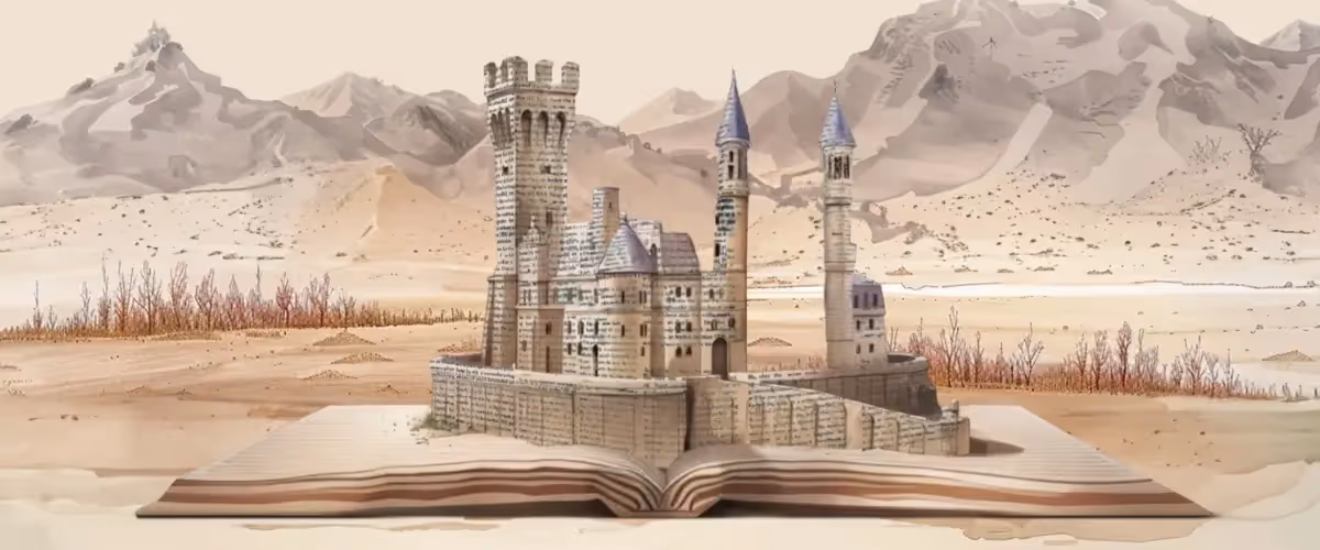 A painting-style illustration of a large book lying open in front of a desert landscape, with mountains in the background as before, now with foundations, smaller towers, and a large square turret of a castle built of printed paper on top of the book's pages.