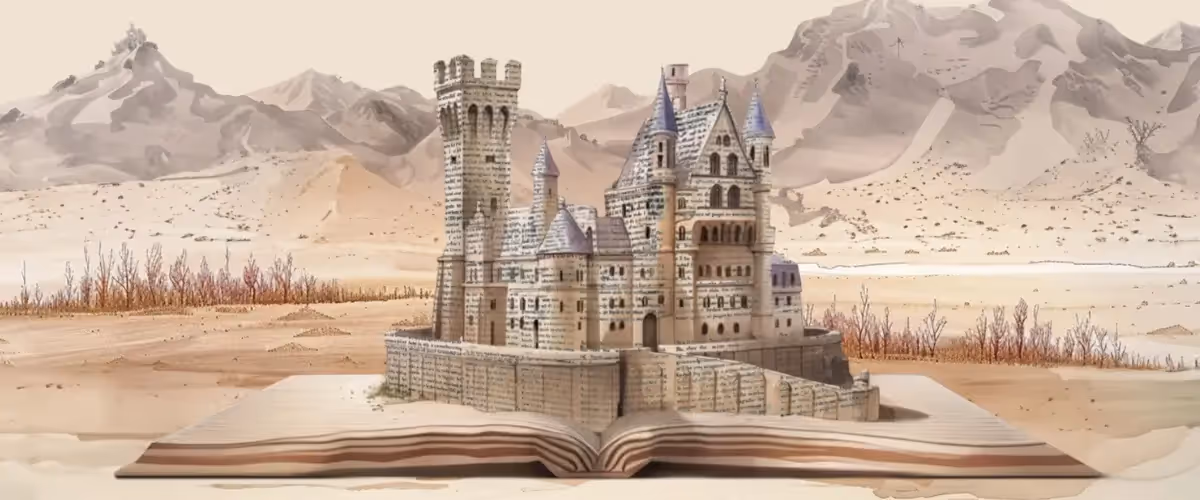 A painting-style illustration of a large book lying open in front of a desert landscape, with mountains in the background as before, now with the towers of the castle, built of printed paper, almost complete on top of the book's pages.