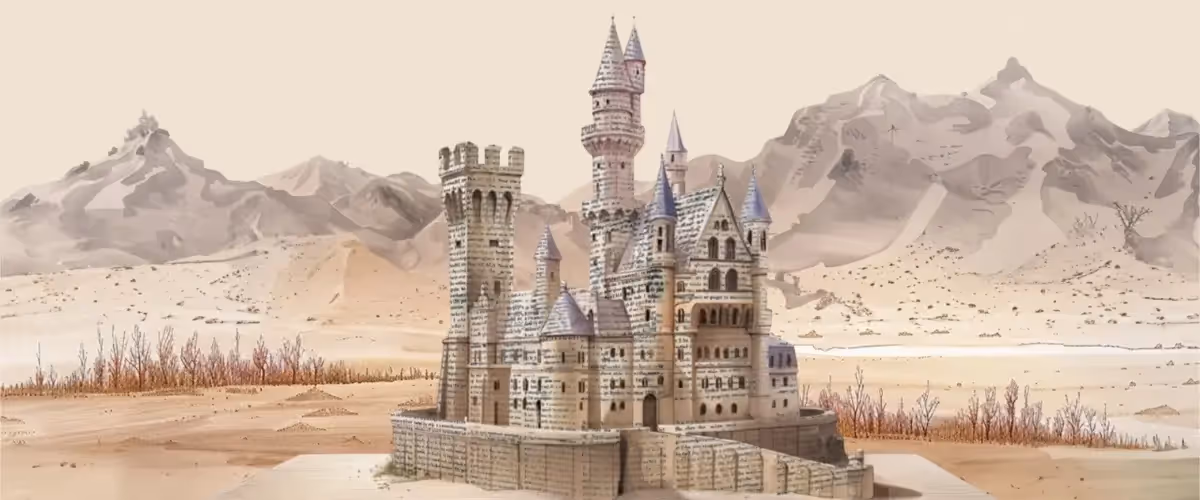 A painting-style illustration of a large book lying open in front of a desert landscape, with mountains in the background as before, now with the towers of the castle and a central turret, built of printed paper, virtually complete on top of the book's pages.