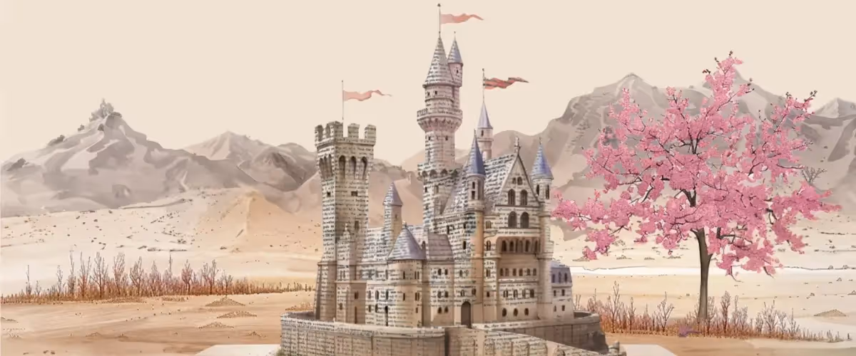 The printed paper castle on top of the open book is fully complete, pink flags flying from its towers and a cherry blossom tree in full flower beside it.