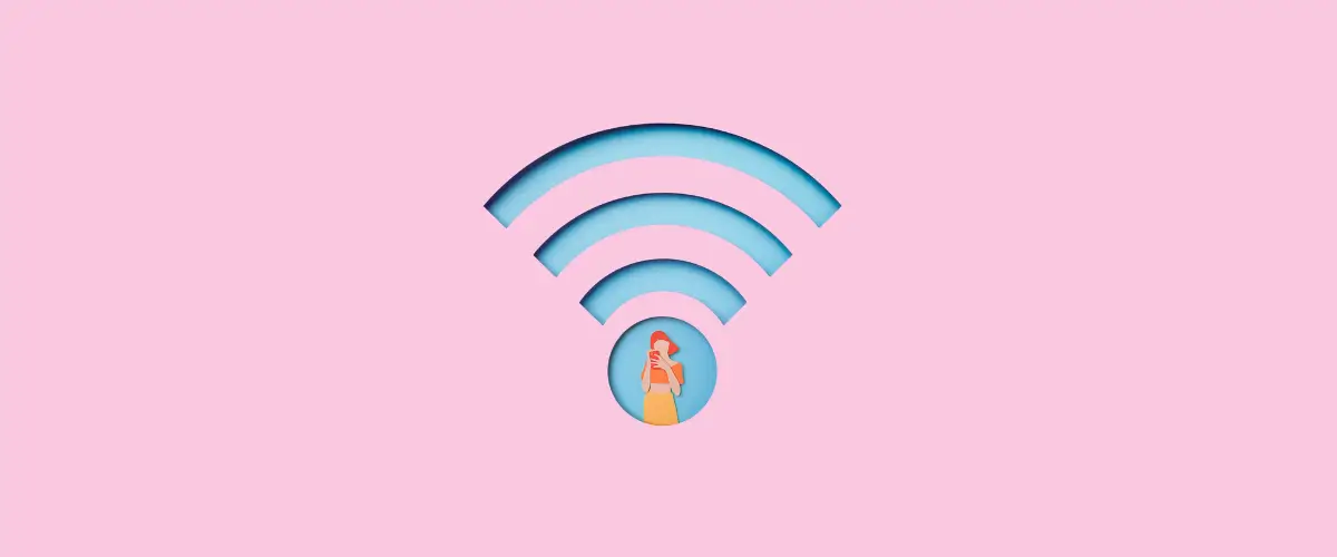 A young girl looks at something on her mobile phone, her image forming the basis of a Wi-Fi fan that arcs above her head.