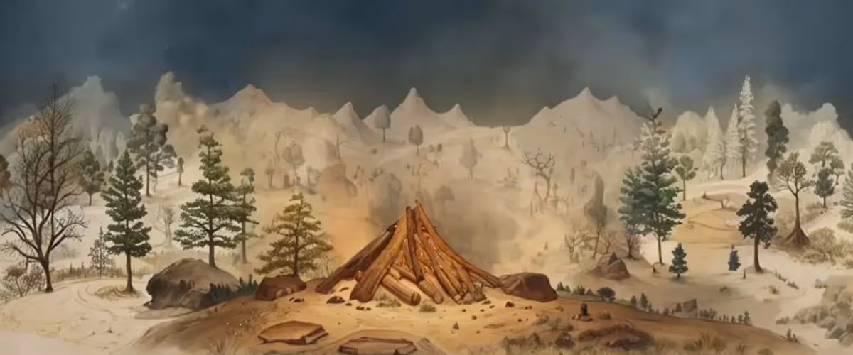 A campfire sits in a woodland, unlit.