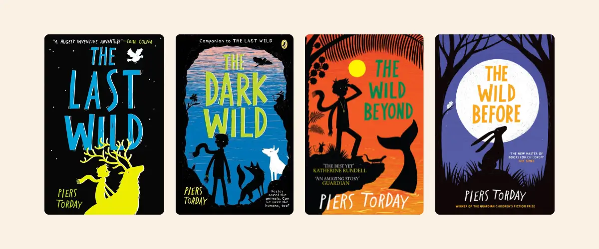 Covers of the Piers Torday books The Last Wild, The Dark Wild, The Wild Beyond, and The Wild Before.