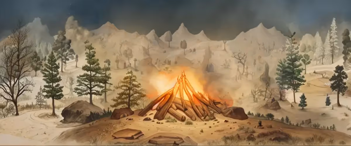 A campfire sits in a woodland, just beginning to burn.