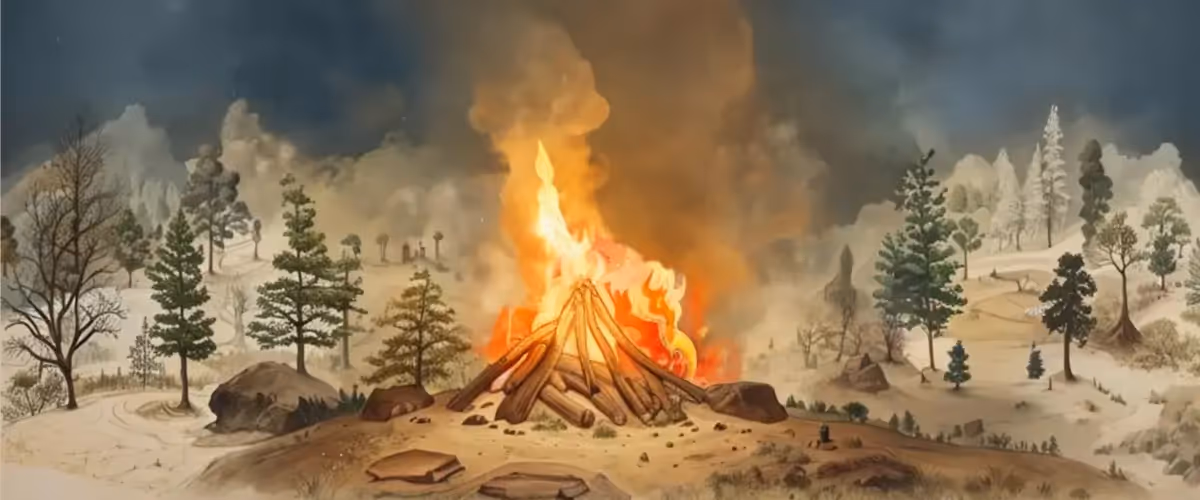 A campfire in a woodland, the flames beginning to grow higher.