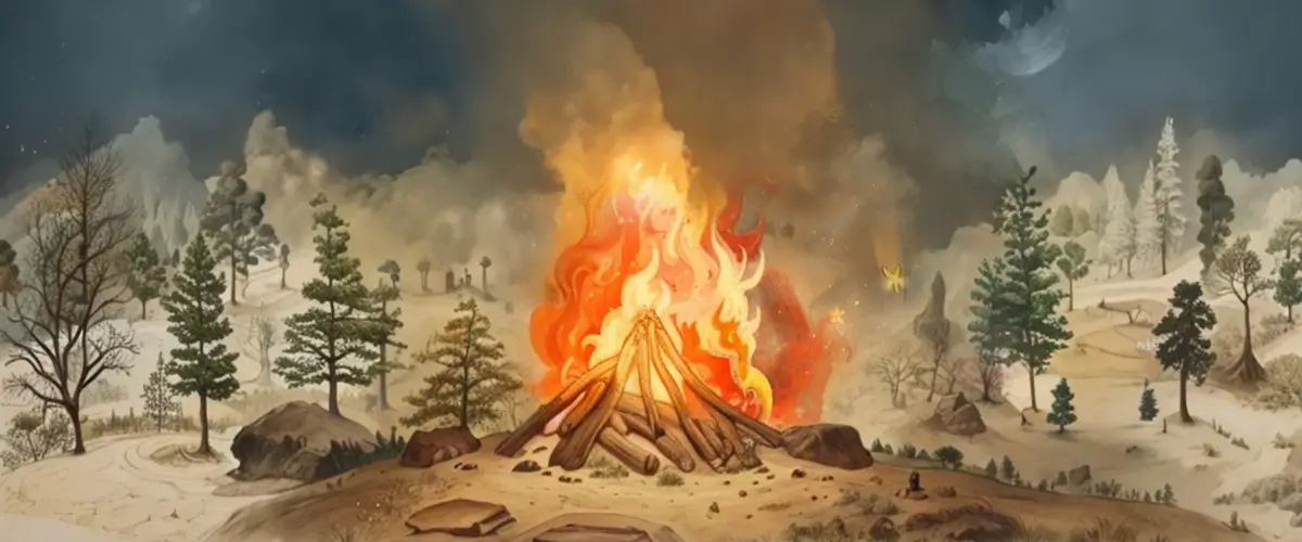 A campfire in the woodlands, growing bigger now and beginning to throw off sparks.