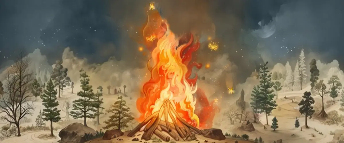 A campfire in the woods fully alight, flames leaping high into the air.