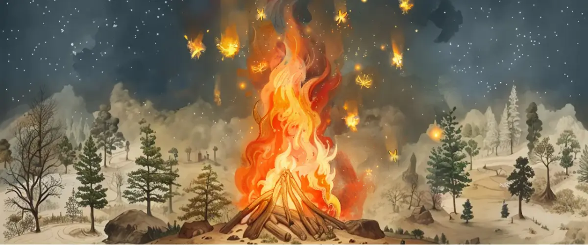 A campfire blazing away in the woodlands, sparks flying off against the background of a starry night.