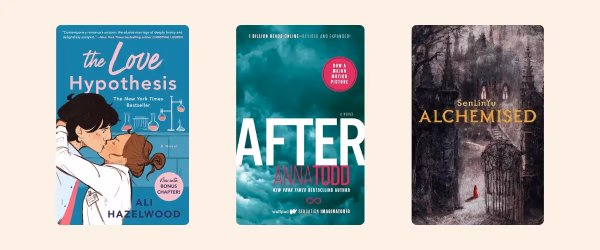 Covers of the books The Love Hypothesis by Ali Hazelwood, After by Anna Todd, and Alchemised by SenLinYu.