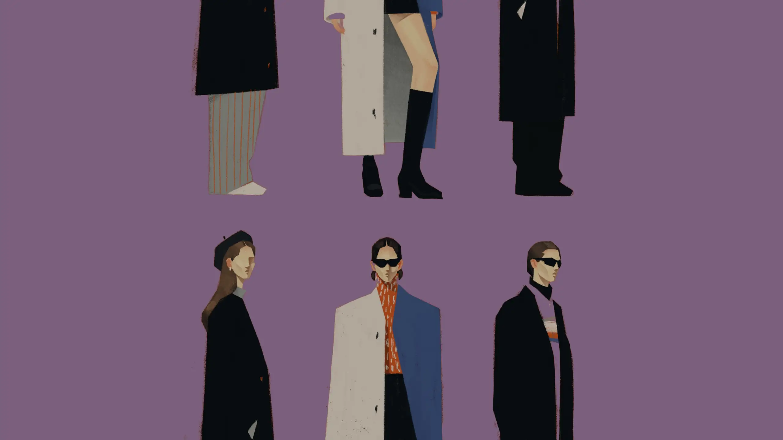 Illustrated figures stand in a row, comprising different styles and poses.