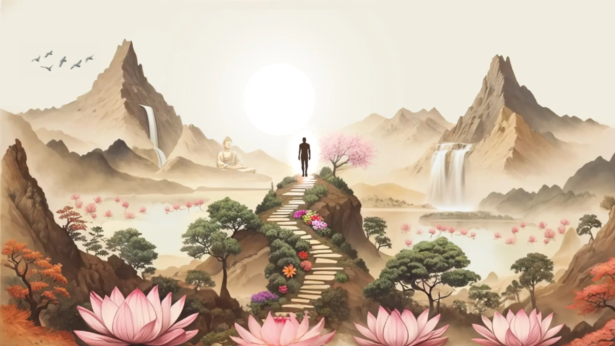 A figure stands at the top of a summit in a verdant landscape, looking out at mountainous peaks.