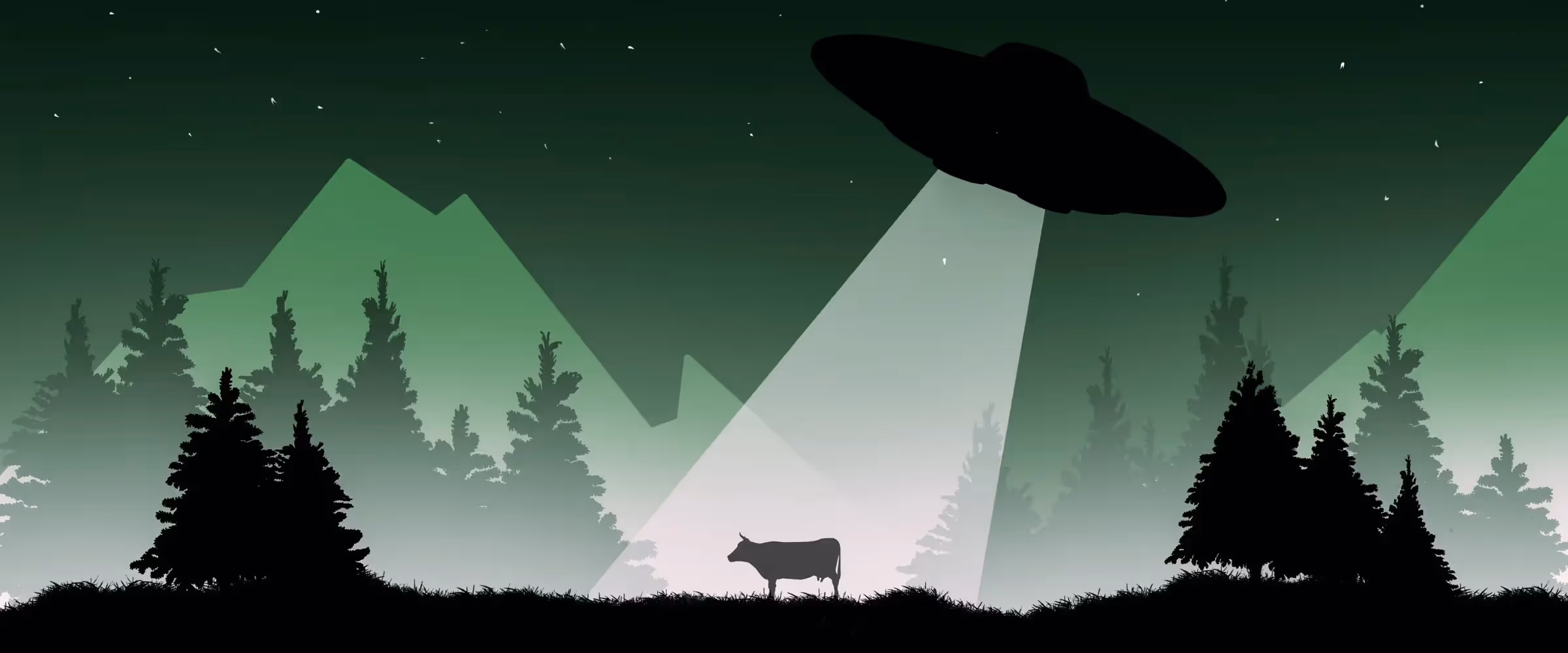 Illustration of a rural landscape at night, where a flying saucer is beaming an arc of light down onto a lonely cow.
