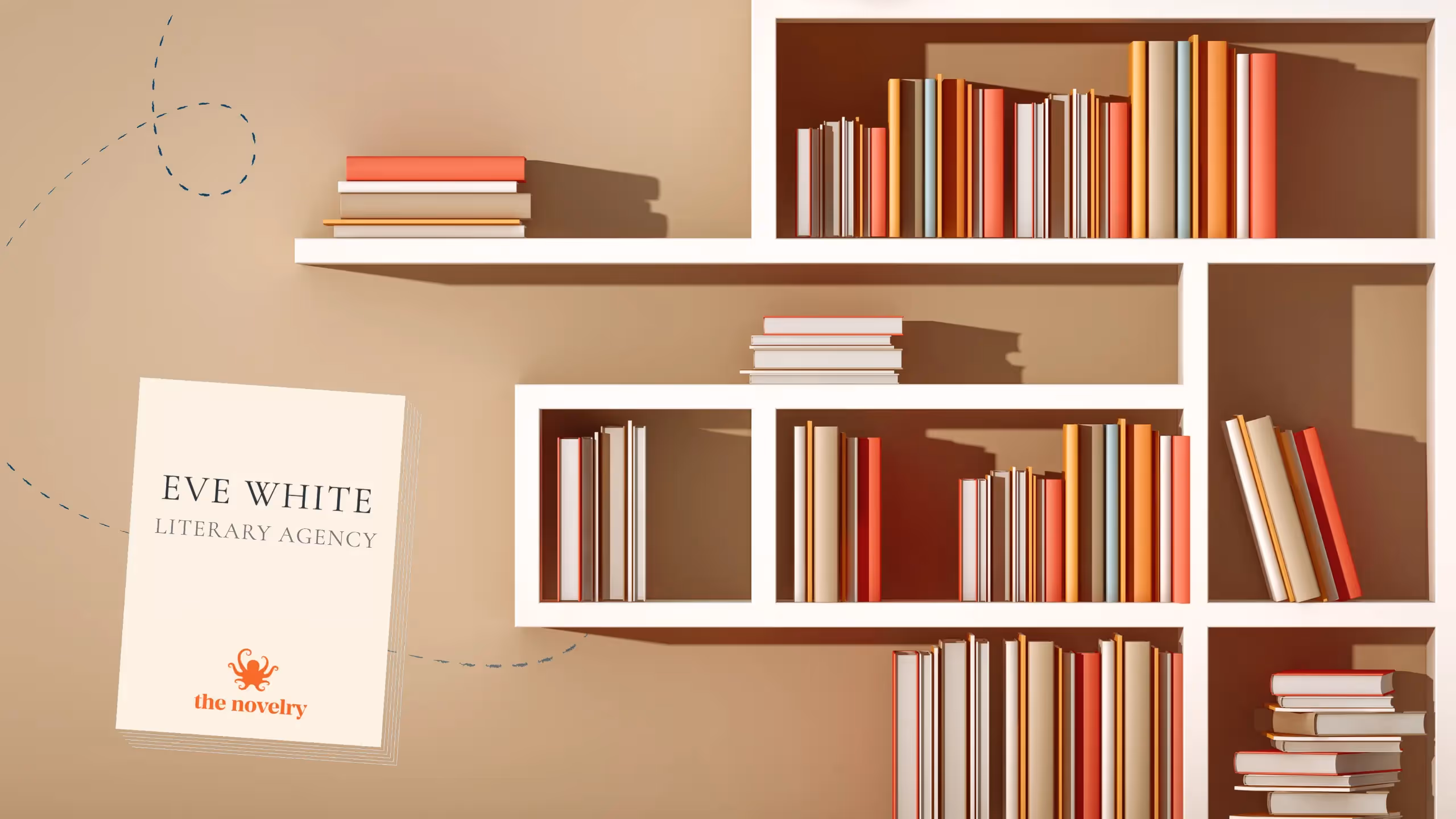 A bookshelf stacked with books in varying shades of orange and peach, beside a letterhead naming Eve White Literary Agency.