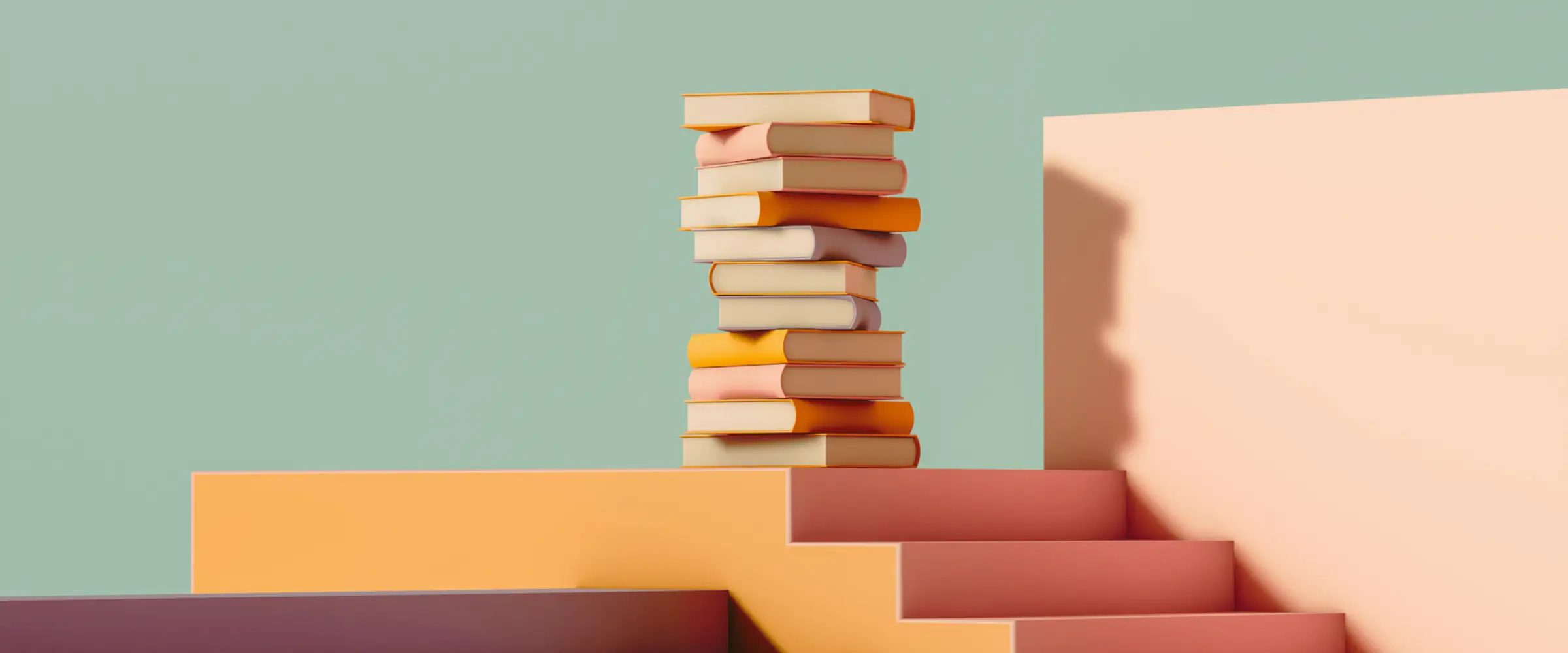 A pile of books in shades of peach and yellow stand at the top of some steps.
