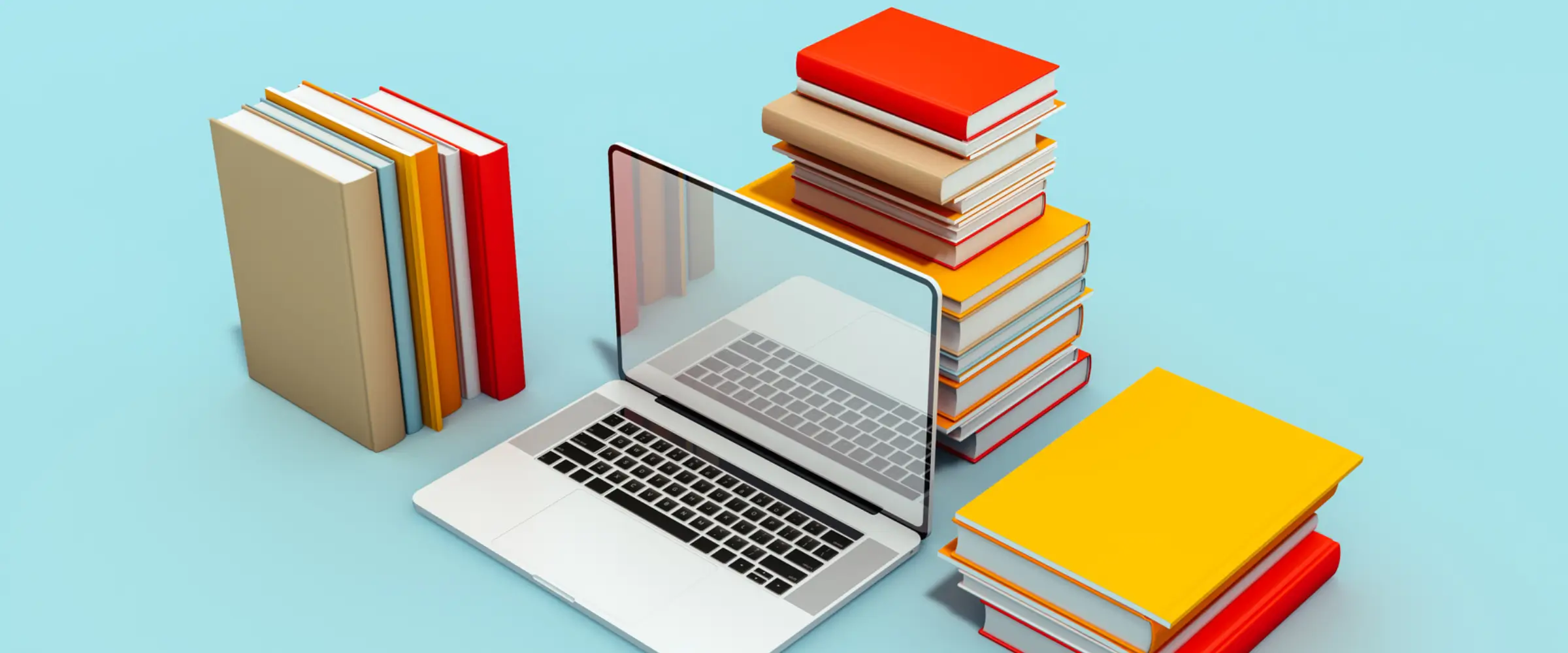 Three piles of brightly colored books sit around an open laptop.