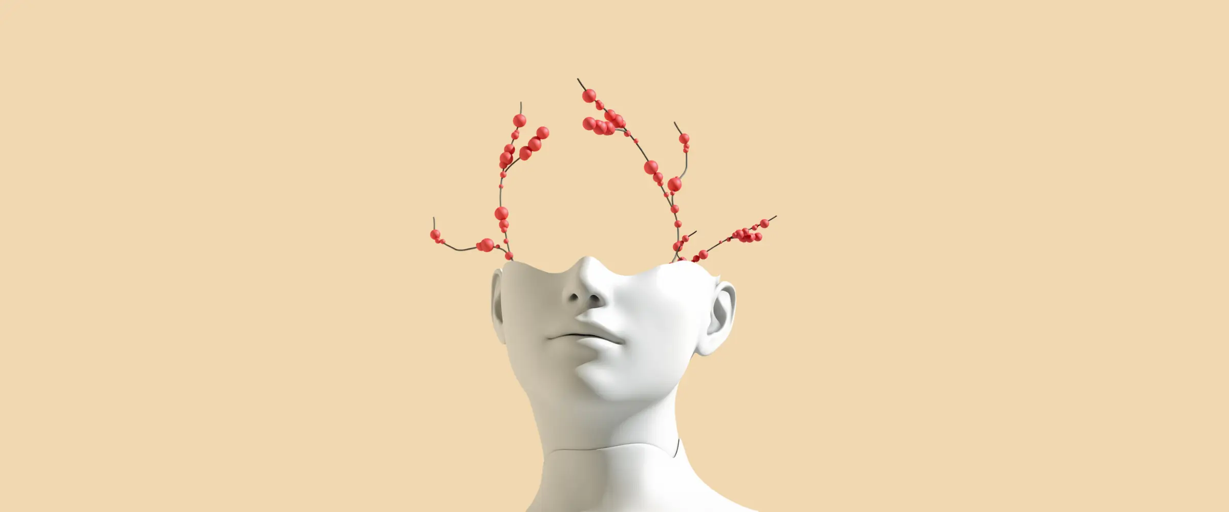 The lower half of a mannequin face with beaded flowers growing out of it.