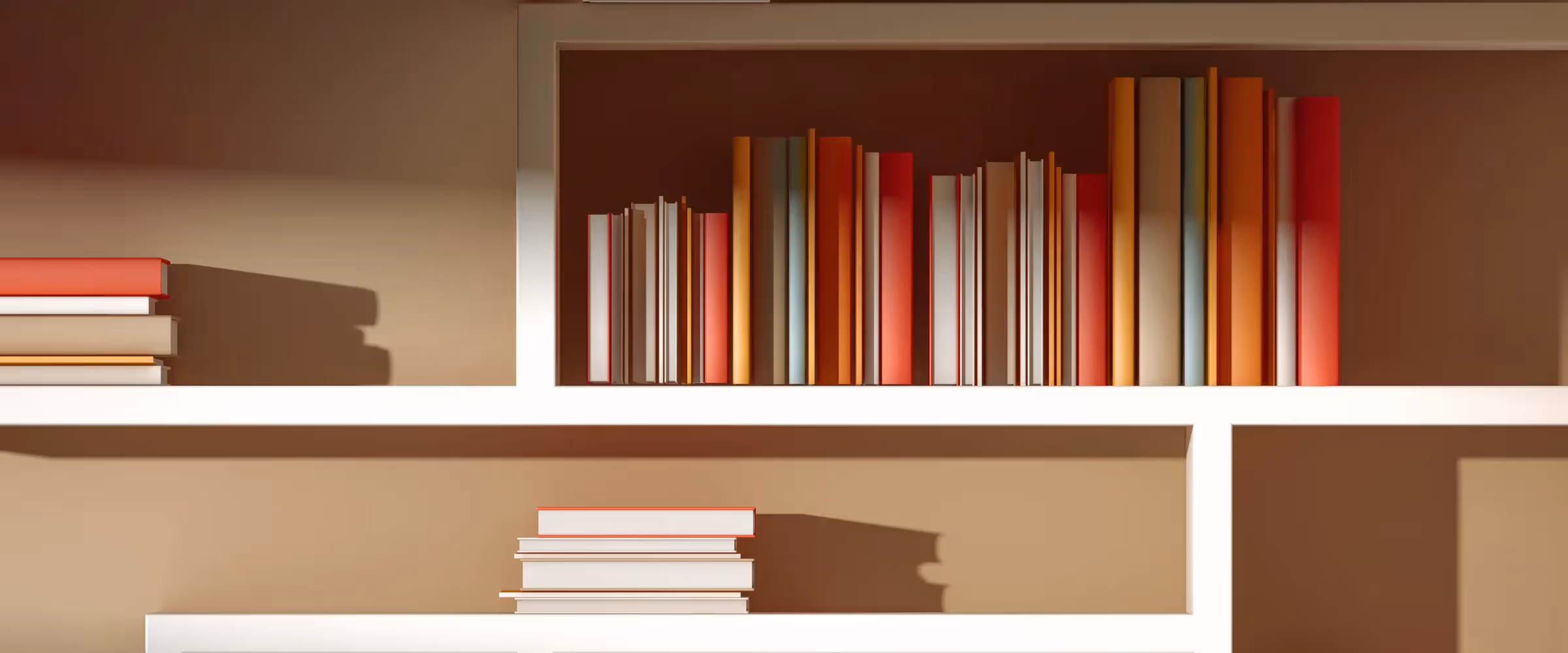 A bookshelf of books in varying tones of orange, blue and yellow.