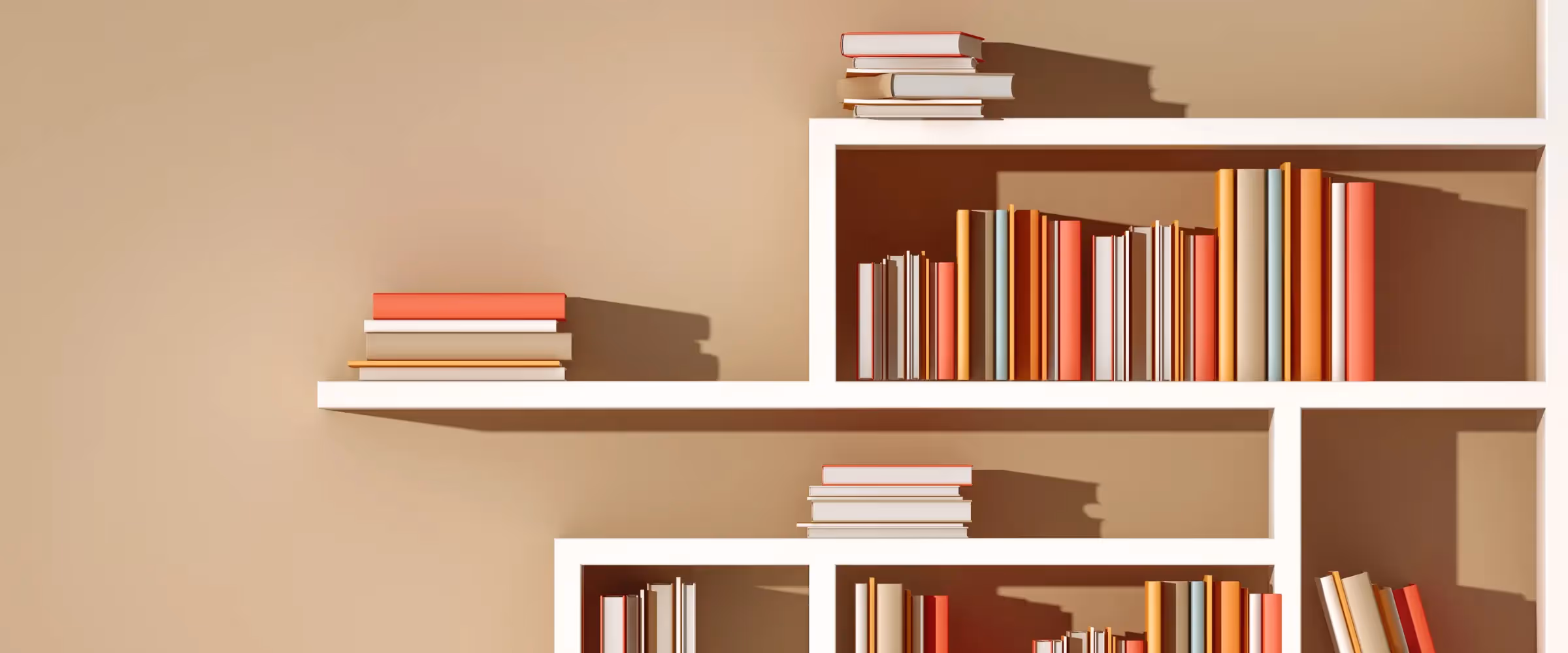 A shelf of books in shades of orange, yellow, blue, and beige.
